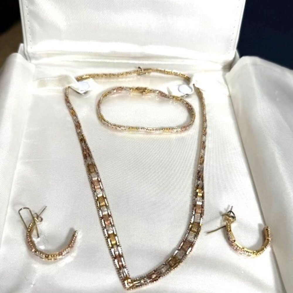 Riccio mesh chevron tri-color sterling silver necklace, bracelet, earring set ne